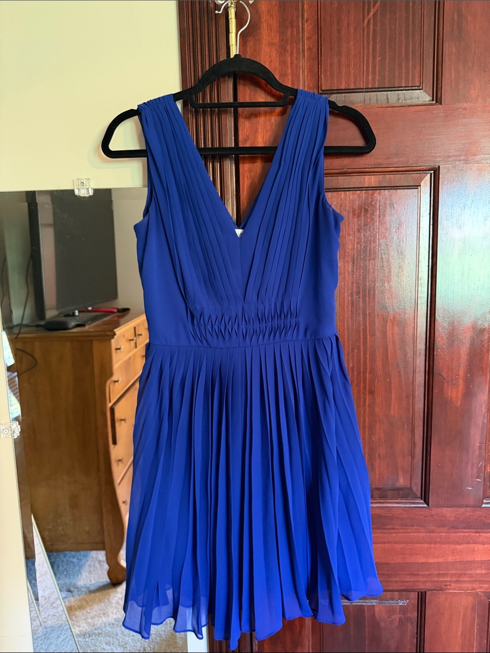 Calvin Klein Royal Blue V-Neck Pleated Mini Dress